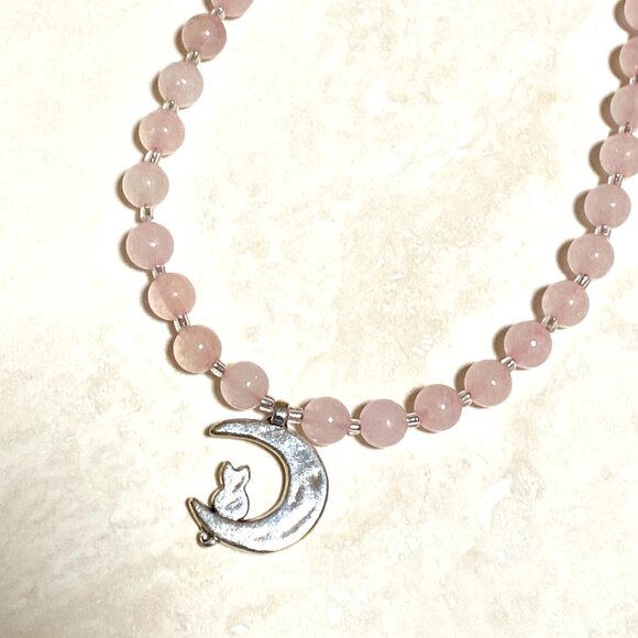 Pink Genuine Gemstone Rose Quartz Silver Cat on the Moon Beaded Short Necklace - Picture 5 of 11